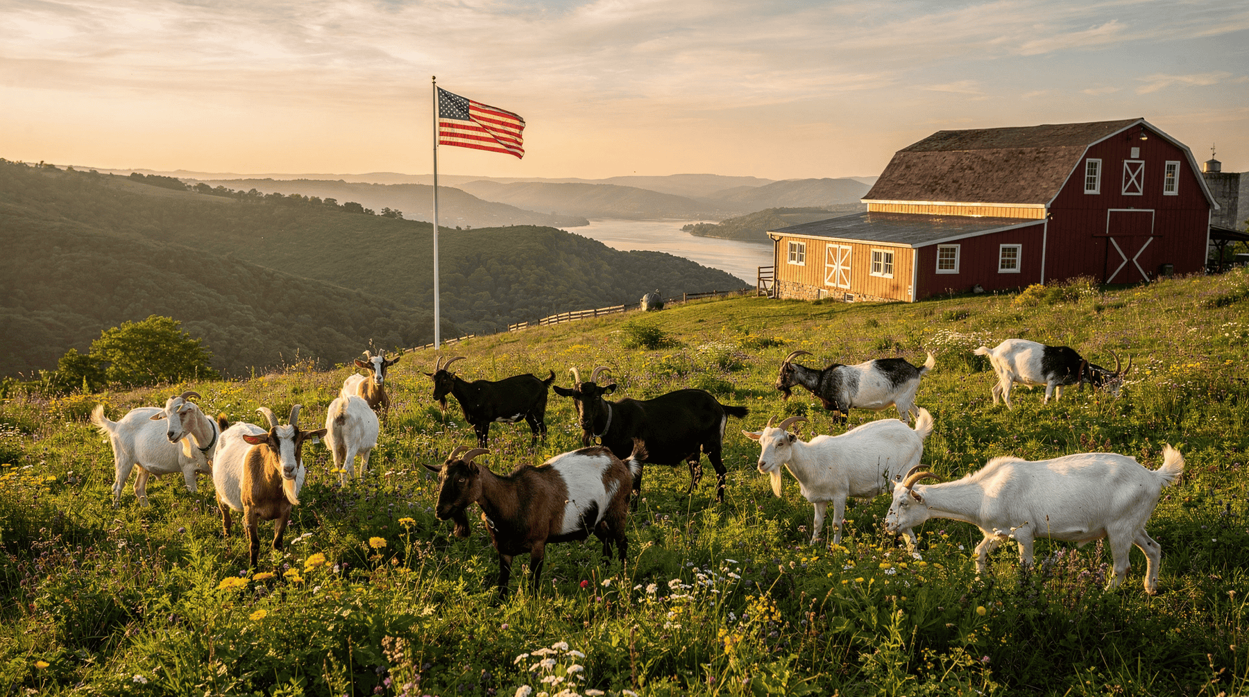 A goat herd inside portable fencing, clearing brush on a hillside property in the Hudson Valley